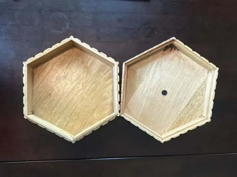 Carved Mango Wood and Enamel Hexagonal Storage Box with Brass Elephant Handle
